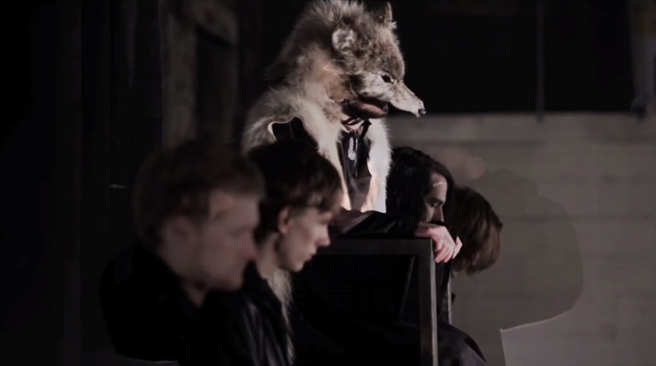 Still from the official music video for Outline in Color's "Jury of Wolves" (Garrett Danz, director, 2012) featuring one of my full hide wolf headdresses